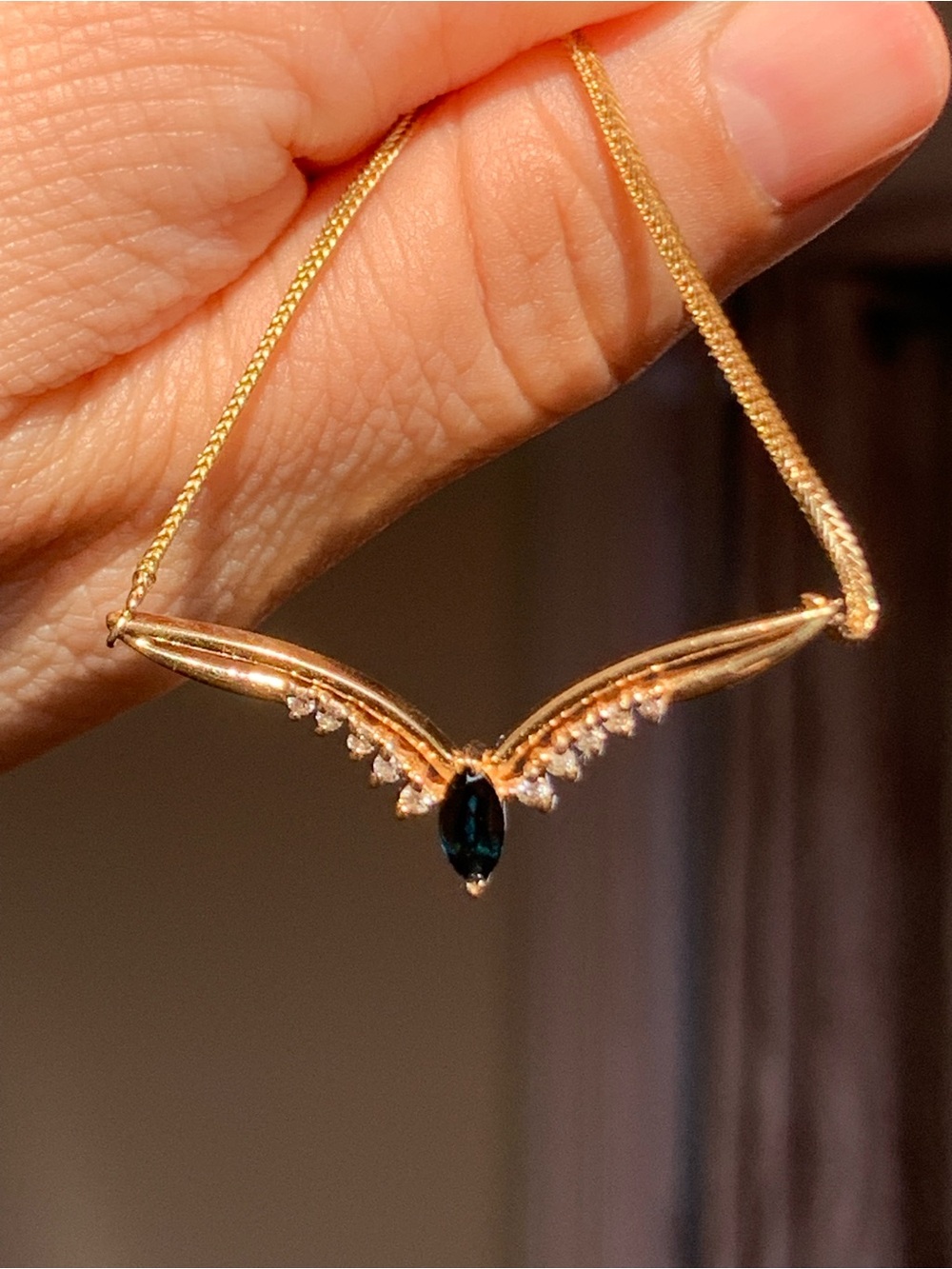 14k Gold Wing Necklace with Blue Sapphire Marquise Stone and Clear Diam Accents - Picture 7 of 11